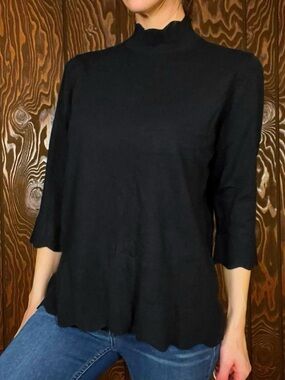 Black Scallop-Edge Women's Top - Classic Mock Neck